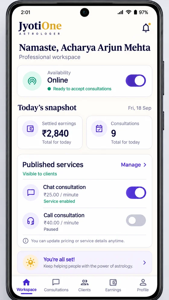 JyotiOne public astrologer app home screenshot