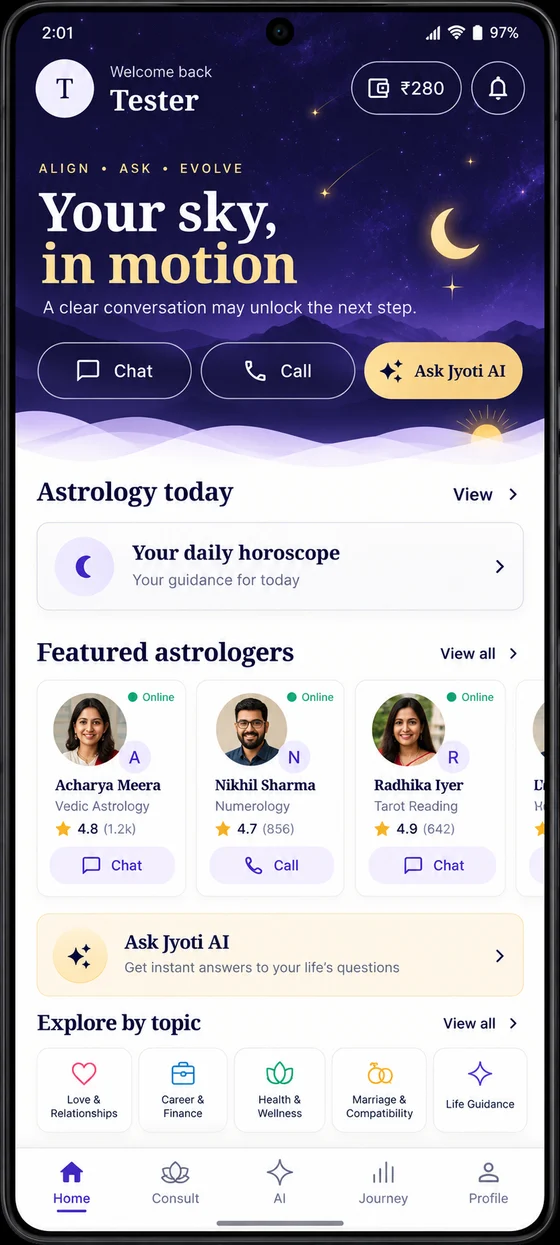 JyotiOne public client app home screenshot